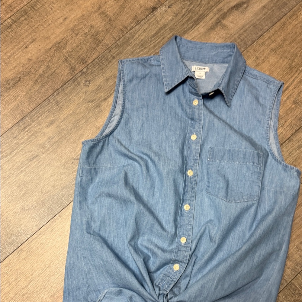 NWOT J. Crew Blue Sleeveless Chambray Tie-Front Button-Up Cotton Top - Picture 5 of 10